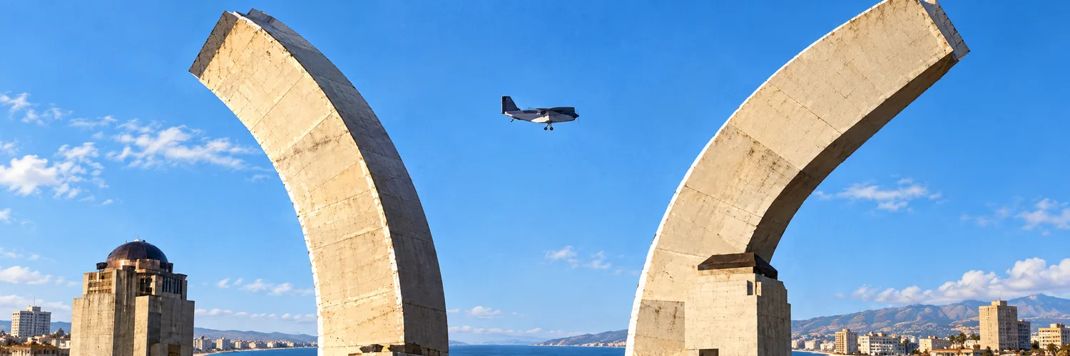 The GOAT11 aviation world: monumental concrete arches, a tiny airplane and an impossibly confident goat pilot
