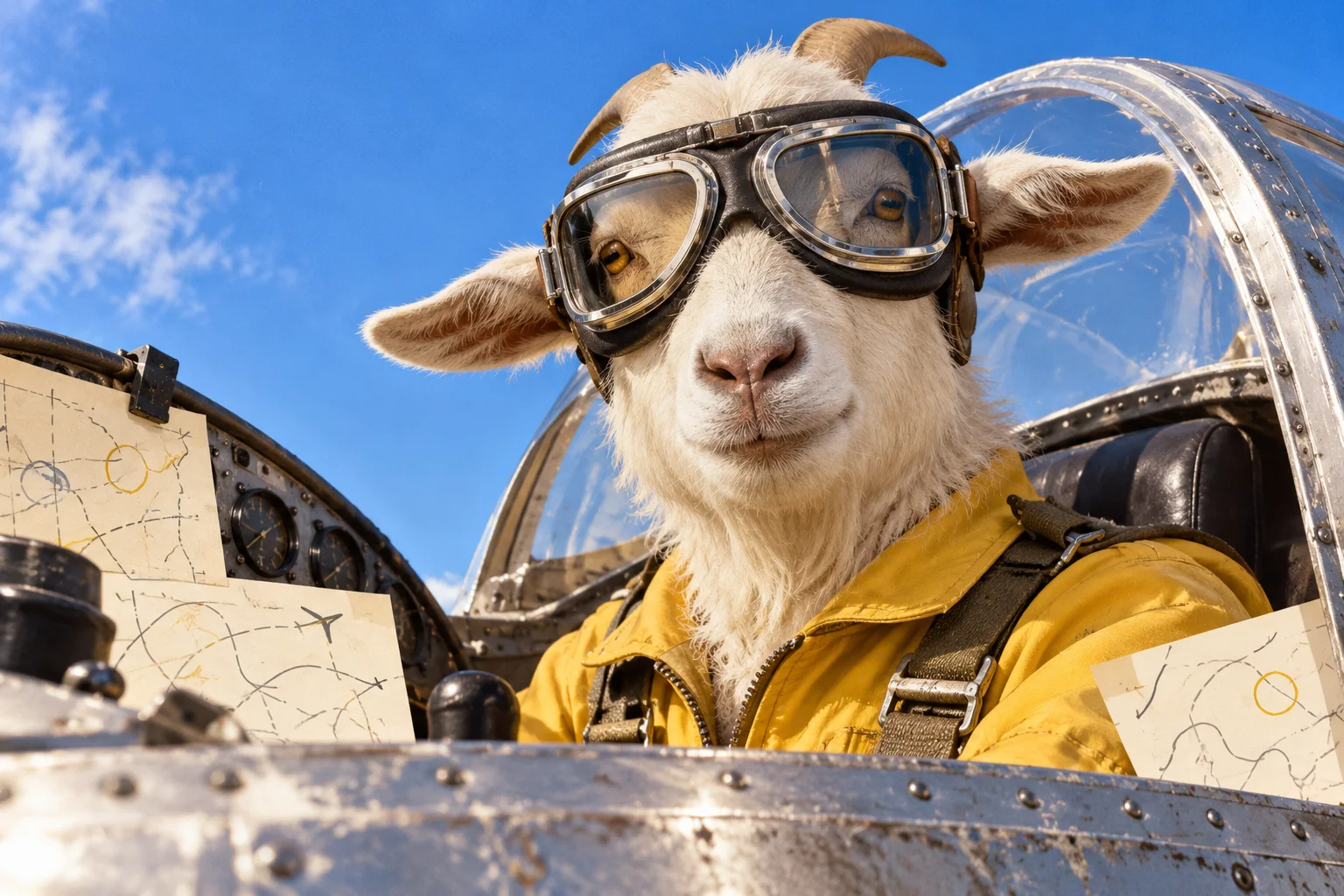 A calm goat with oversized goggles at the controls of a delightfully chaotic retro cockpit
