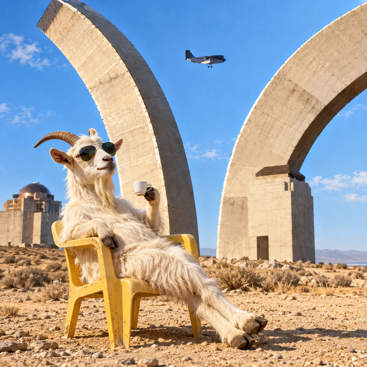 The goat aviator taking a coffee break in a plastic chair beside a monumental arch