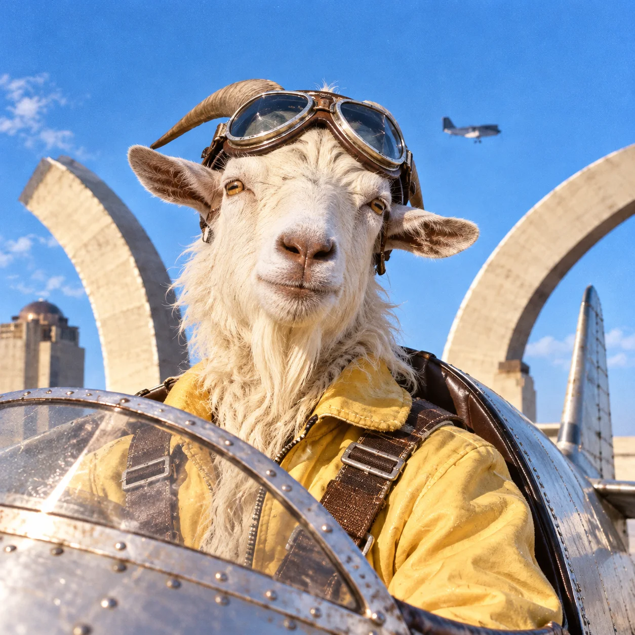 A very serious goat pilot in yellow aviator gear sitting in a tiny airplane